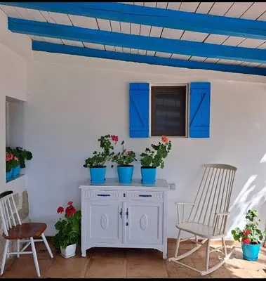 a room with two chairs and blue potted plants at Etno house HAPPY VILLAGE in Cetinje