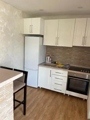 a kitchen with white cabinets and a white refrigerator at Lake River House Ada Bojana in Ulcinj