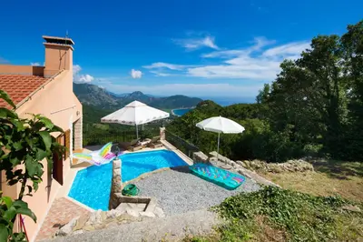 a swimming pool in the backyard of a house at Villa Robinson in Petrovac na Moru