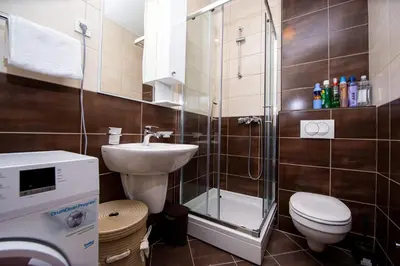 a bathroom with a shower and a toilet and a sink at Lux View in Budva
