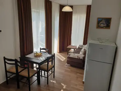 a kitchen and dining room with a table and a refrigerator at Lucia's Apartment in Sutomore