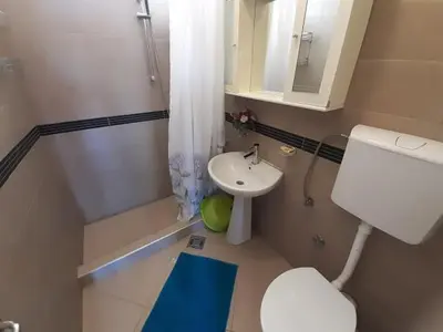 a small bathroom with a toilet and a sink at Two bedroom ap in the garden in Buljarica
