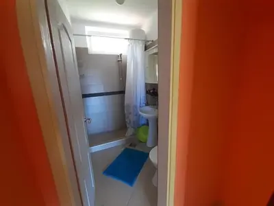 a small bathroom with a shower and a toilet at Two bedroom ap in the garden in Buljarica