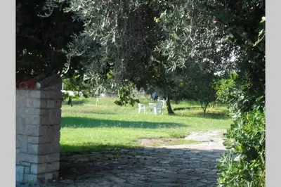 a park with a table and chairs in the grass at Two bedroom ap in the garden in Buljarica