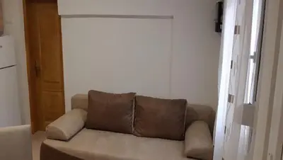 a brown couch in a living room with a window at Apartment Sali in Kotor