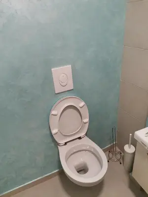 a white toilet in a bathroom with a blue wall at Clock tower apartments in Podgorica