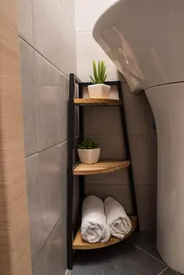 a shelf in a bathroom with two plants and towels at Studio apartment Vukcevic 2 in Podgorica