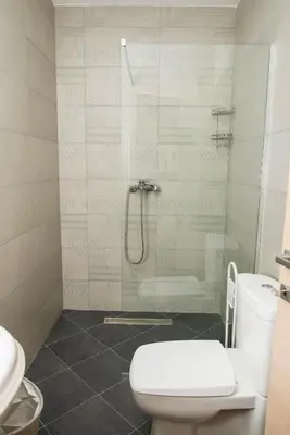 a bathroom with a toilet and a glass shower at Studio apartment Vukcevic 2 in Podgorica