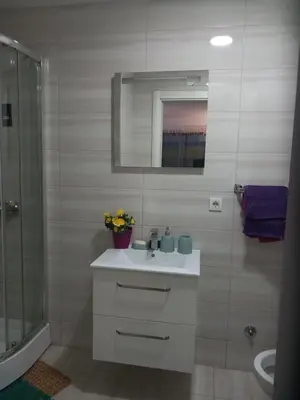a bathroom with a sink and a mirror and a shower at Apartman Savić in Bar