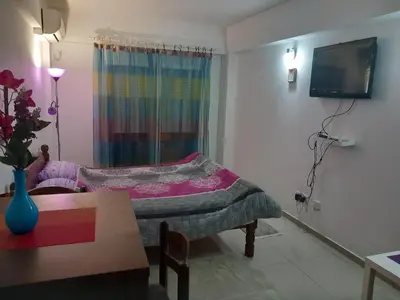 a room with a bed and a table and a tv at Apartman Savić in Bar