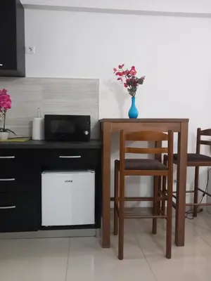 a kitchen with a table with a microwave and a table with a chair at Apartman Savić in Bar