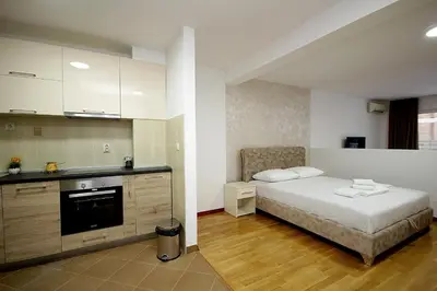 a small bedroom with a bed and a kitchen at Holiday apartments Petrovac in Petrovac na Moru