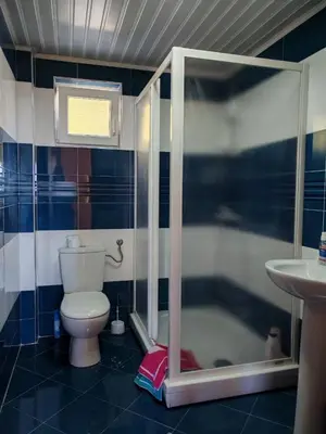 a bathroom with a toilet and a shower and a sink at Adriatic Horizont Apartment in Petrovac na Moru
