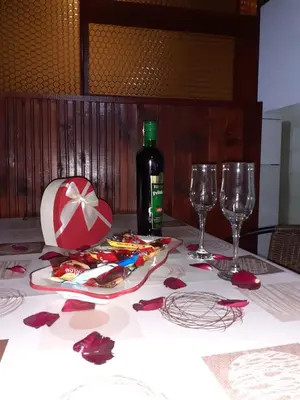 a table with a bottle of wine and two wine glasses at Studio-apartman Milena 2 in Podgorica