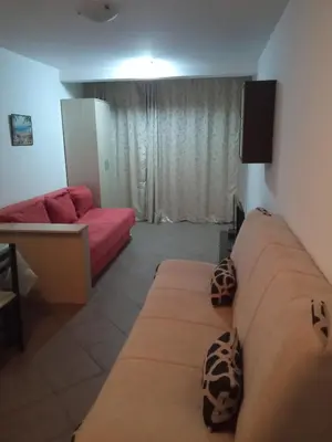 a living room with a couch and a tv at Apartman Odisej in Petrovac na Moru