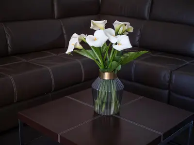 a vase of white flowers sitting on a coffee table at Misisuone Apartments Budva in Budva
