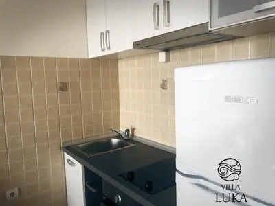 a kitchen with a sink and a refrigerator at Apartments Villa Luka in Sveti Stefan
