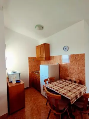 a small kitchen with a table and a refrigerator at Joksimović apartmani in Bar, Susanj
