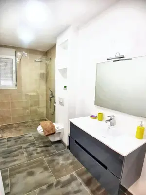 a bathroom with a sink and a toilet and a mirror at Charming Villa with Pool, Sea View in Zagora in Zagora