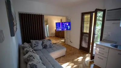 a living room with a couch and a flat screen tv at Уютная квартира в тени старого дуба in Becici
