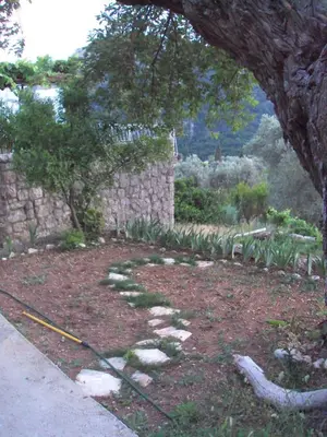 a garden with a tree and a stone wall at Family Stone house with magical Sea View in Kaluđerac
