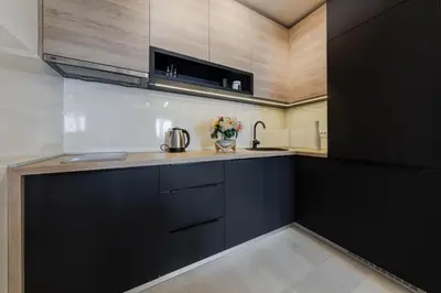 a kitchen with black cabinets and a sink at Apart Compliment in Podgorica