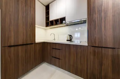 a kitchen with wooden cabinets and a sink at Apart Compliment in Podgorica