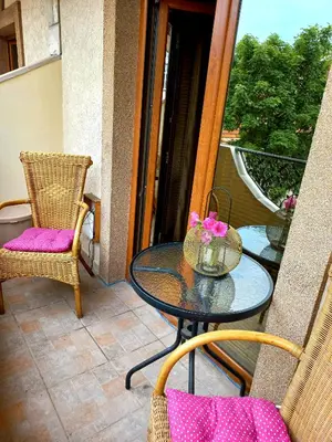 a table and chairs on a balcony with a table and flowers at Apartments Aleksandra Cetinje in Cetinje