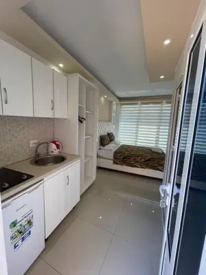a kitchen with a sink and a bed in a room at Queen Kodre Apartments in Ulcinj