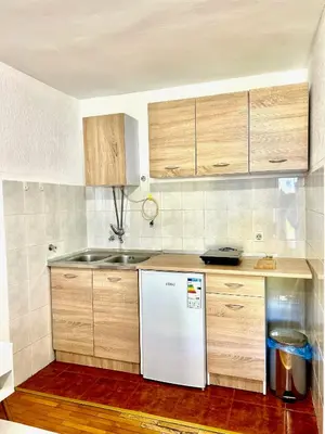 a kitchen with a white refrigerator and wooden cabinets at Apartments Jankovic in Podgorica