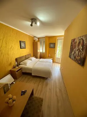 a bedroom with a bed and a table in it at Apartments Bokan in Cetinje