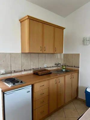 a kitchen with wooden cabinets and a white refrigerator at Apartments Rudaj in Ulcinj
