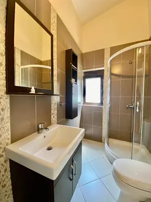 a bathroom with a sink and a shower and a toilet at Fimi Apartments in Ulcinj