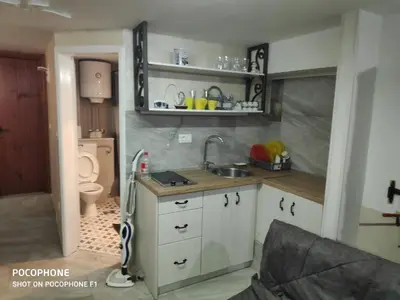 a small kitchen with a sink and a toilet at Apartman Art in Kotor