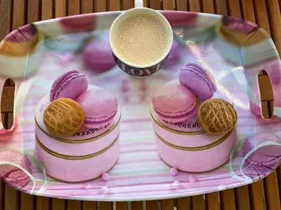 a plate with pink cookies and a cup of coffee at Krizor Apartman Budva in Budva