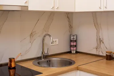 a kitchen with a sink and a counter top at Krizor Apartman Budva in Budva