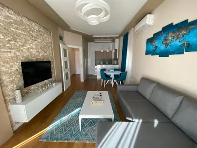 a living room with a couch and a fireplace at Apartment Sofia, City Centar in Podgorica