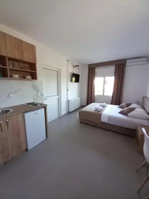a large bedroom with a bed and a sink at Vila Nina Donji Štoj in Ulcinj