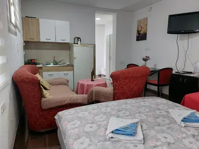 a living room with two chairs and a table and a kitchen at Apartments F in Podgorica
