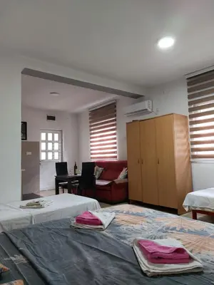 a room with two beds and a living room at Apartments F in Podgorica