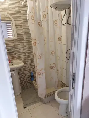 a bathroom with a toilet and a shower curtain at Apartments F in Podgorica