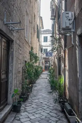 an alley with potted plants in an alley between buildings at Sasha di Cattaro - Old Town Lux Apartment in Kotor