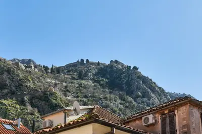 a mountain in the distance with houses and trees at Old Town Casa Dameo Apartments in Kotor
