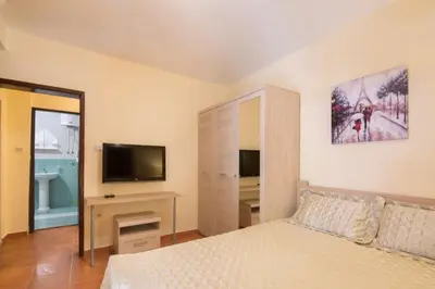 a bedroom with a bed and a flat screen tv at Splendid Apartments in Budva