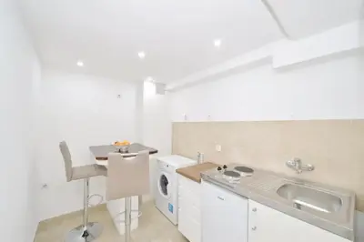a white kitchen with a sink and a washing machine at Cosy front line apt with sea access at your door step in Kotor