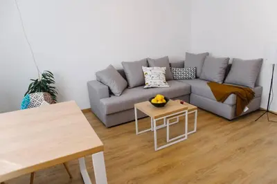 a living room with a gray couch and a table at MILLENNIUM bridge cozy apartment TOP location in Podgorica