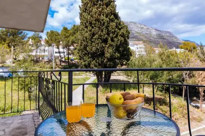 a bowl of fruit on a table with two glasses of orange juice at Altea in Bar, Susanj