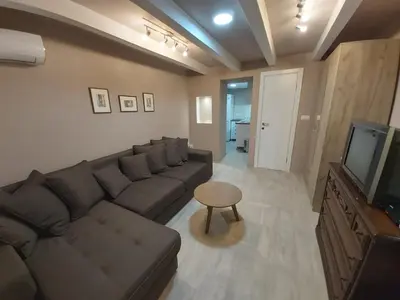 a living room with a couch and a television at Magnolia Lux Apartments in Budva