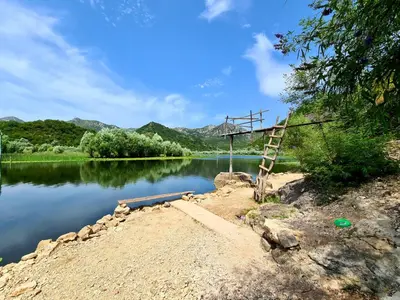 a ladder sitting on the side of a lake at S&M Apartments in Rijeka Crnojevića