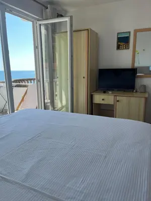 a bedroom with a bed and a view of the ocean at Apartments Kuljaca in Budva